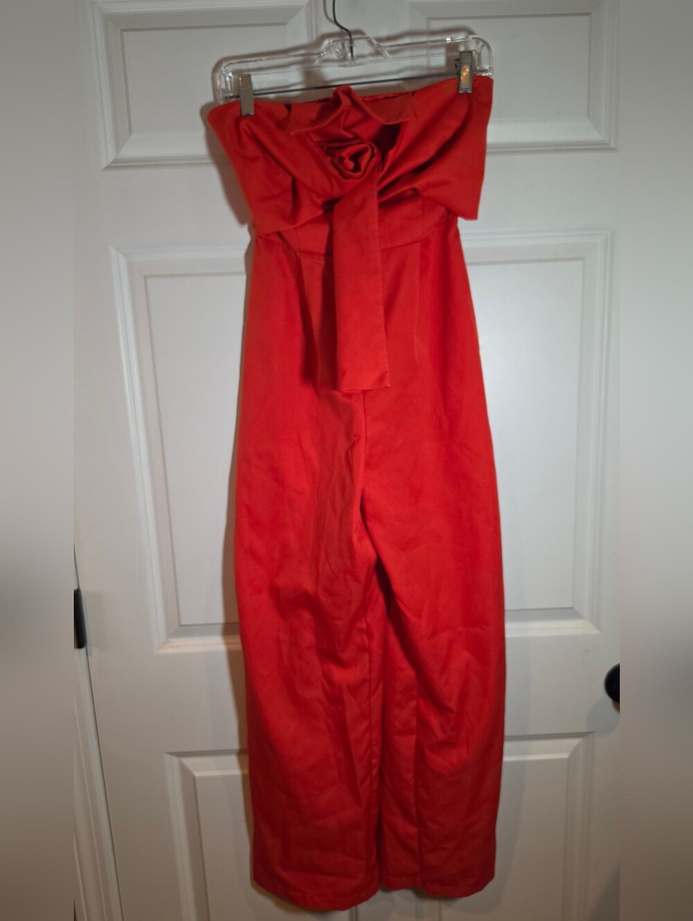 Boohoo Ruffle Top Strapless Red Jumpsuit Zip Back US 4